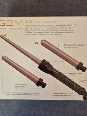 GEM 3 in 1 CURL Designer Professional Ceramic Curler Styling Iron Open Box